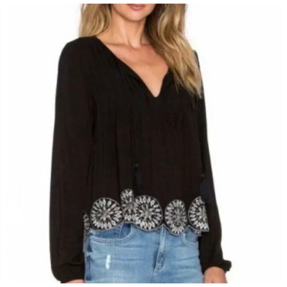 Tularosa Black Silver Embellished Beaded Detail Tassel Tie Women's Blouse XS‎